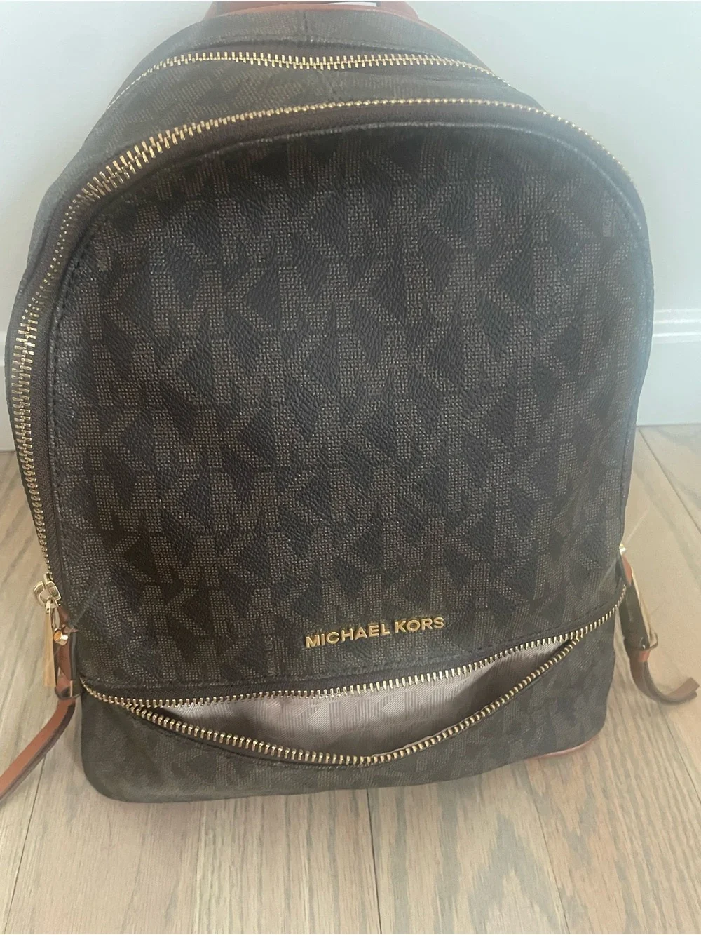 Michael Kors Rhea Women Medium MK Logo Backpack Brown Satchel Handbag